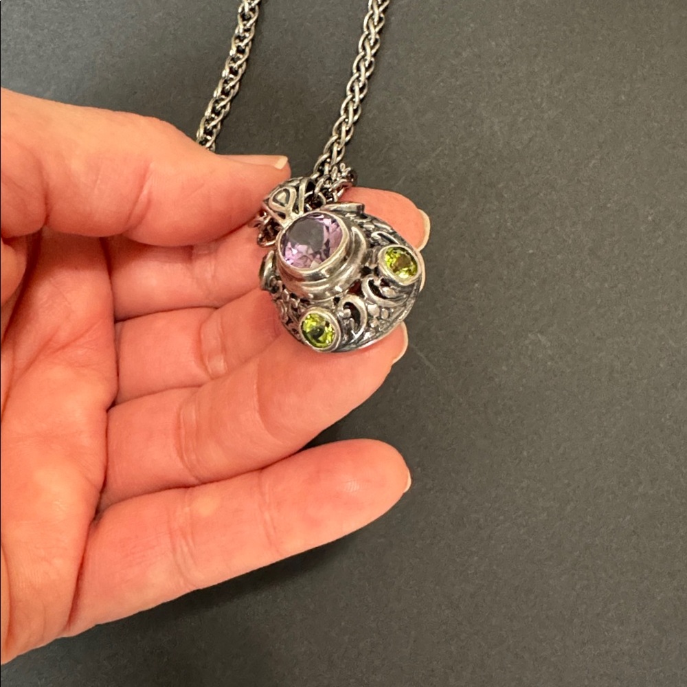 Vintage 925 Italy Sterling Silver Amethyst Peridot Filigree Necklace 18in 36.63g - Picture 7 of 17
